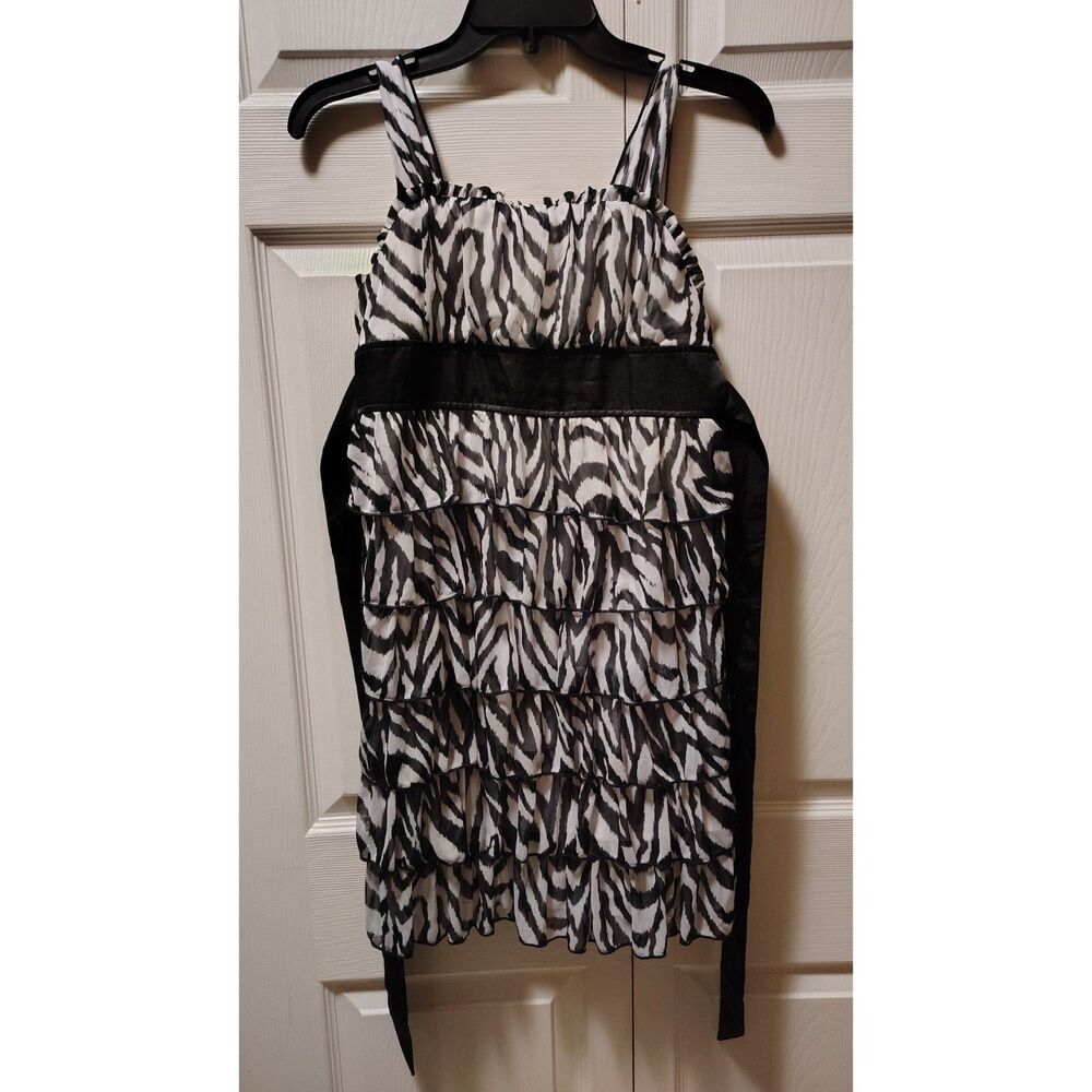 Y2K My Michelle Girls Zebra Print Tiered Ruffle Dress Black & White Size‎ 16